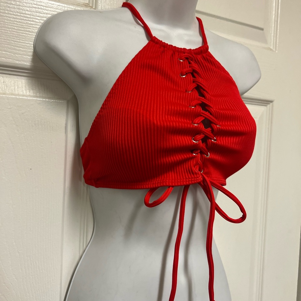 RUE21 Blue Rue Red Ribbed Lace Up Halter Top - Picture 8 of 9